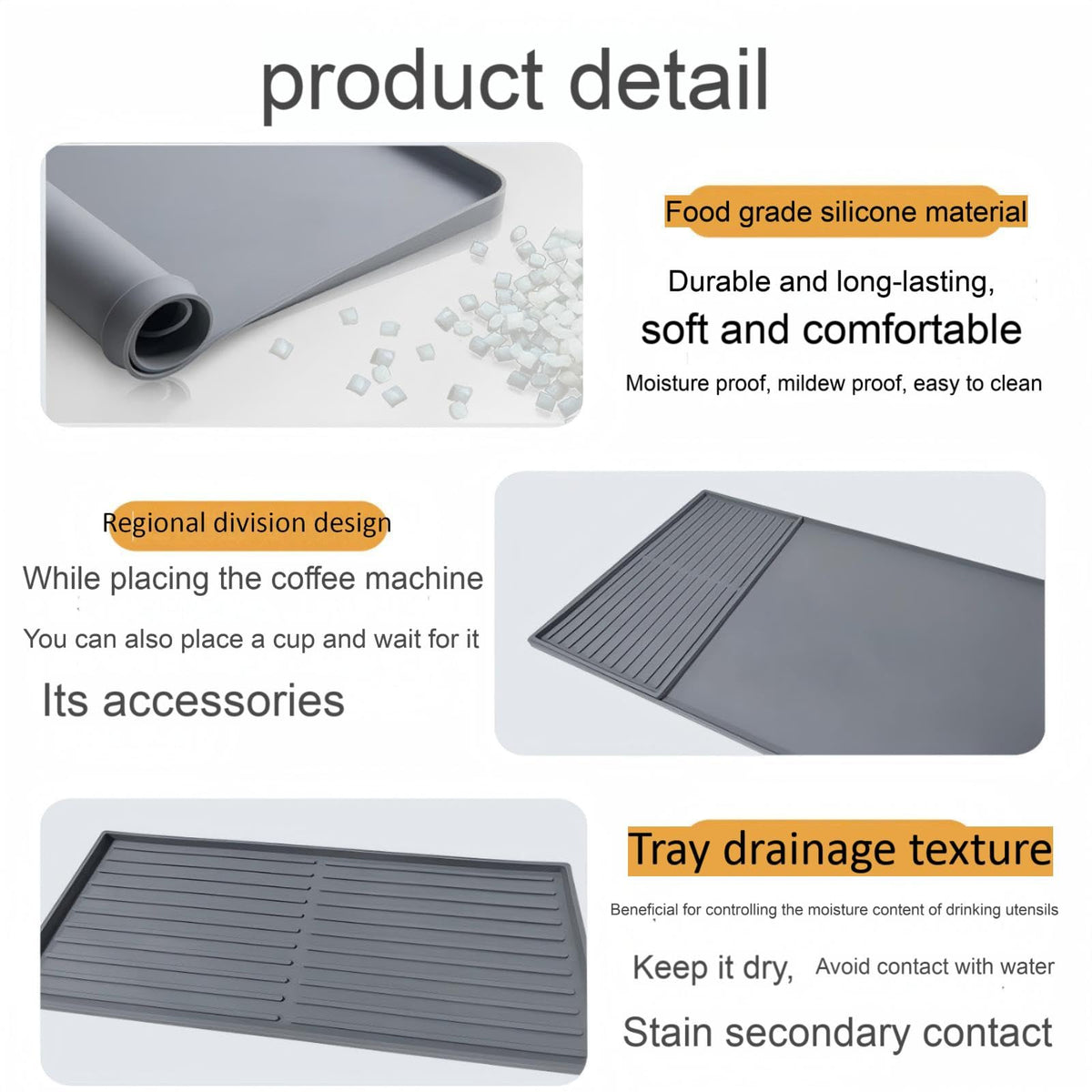 Seoodn Silicone Coffee Mat, 24''x16' with Removable Dry Drying Pad - Fits Coffee Maker and Kitchen Station Mat Accessories, Under Dish Handle; black