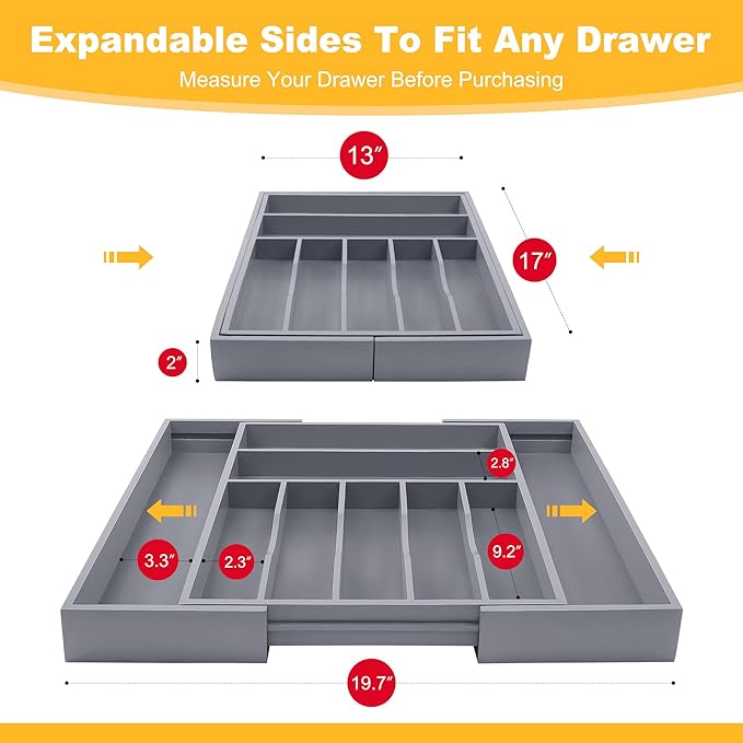 Large Premium Bamboo Silverware Organizer - Expandable Drawer Organizer & Utensil Organizer - 17"x19.7" Cutlery Tray with Dividers for Kitchen Utensils and Flatware (7-9 Slots) (Grey)