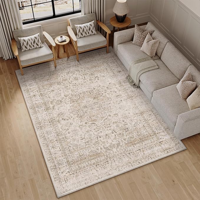 5x7 Washable Beige Area Rug Vintage Living Room Bedroom Carpet Non-Slip Soft Low Pile Distressed Indoor Throw Rug for Dining Room Entryway Office