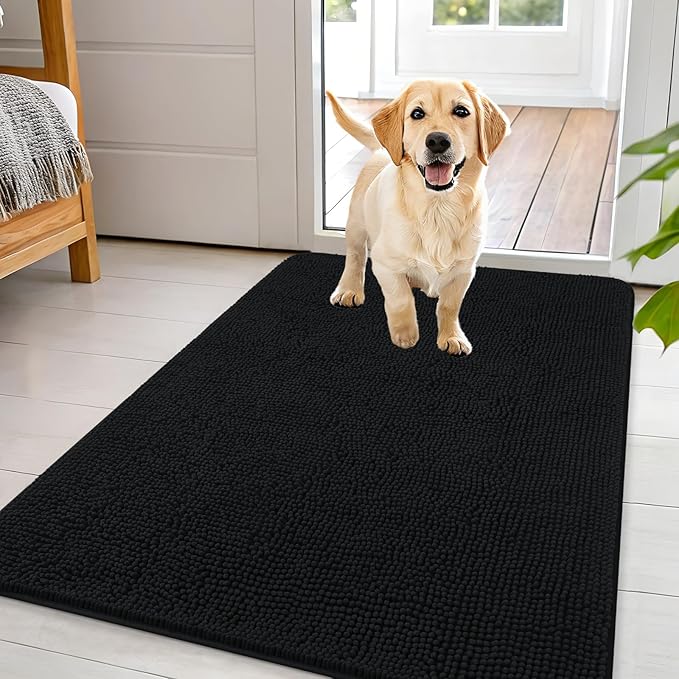 OLANLY Dog Door Mat for Muddy Paws 44x32, Absorbs Moisture and Dirt, Absorbent Non-Slip Washable Doormat, Quick Dry Chenille Mud Mat for Dogs, Entry Indoor Entryway Carpet for Inside Floor, Black