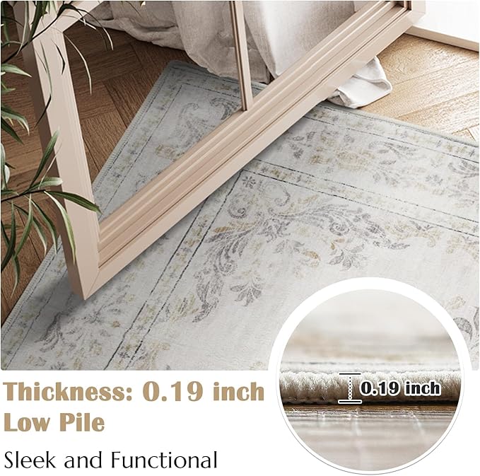 jinchan Hallway Runner Rug 2x8 Vintage Floral Distressed Design - Machine Washable Non-Slip Low-Pile Soft Thin Faux Wool Kitchen Carpet for Farmhouse Bedroom Laundry Room(2x8ft, Light Grey)