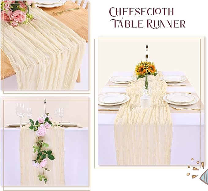 Cream Cheesecloth Table Runner 13.3FT Rustic Sheer Gauze Table Runners 157 Inch Boho Cheese Cloth Table Decorations for Wedding Party Bridal Baby Shower Birthday Home Decor
