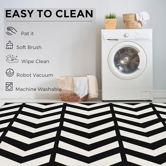 4x5 Black and White Chevron Rugs for Bedroom Decor, Washable Chevron Geometric Pattern Area Rug, Living Room Home Decoration, Non Slip Soft Thin, Modern Zigzag Decor Carpet PF-P 49