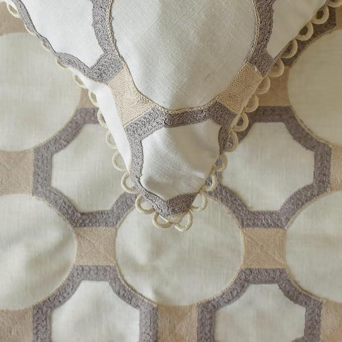 The HomeCentric King/Queen/Twin White, Beige & Grey Decorative King 90"x18" Bed Runner with Two Pillow Cover, Embroidered, Bouclet & Lace Bed Scarf on Cotton Fabric - Threaded Geometry