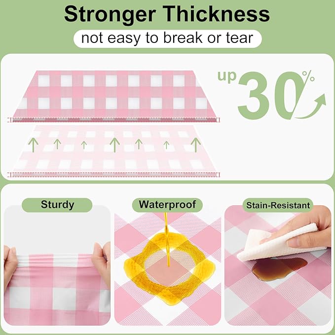 Smiry 6 Pack Pink Gingham Disposable Tablecloths - 54" x 108" Heavy Duty Plastic Table Cloth, Waterproof Buffalo Plaid Table Covers for Picnic, Banquets, Outdoor Parties