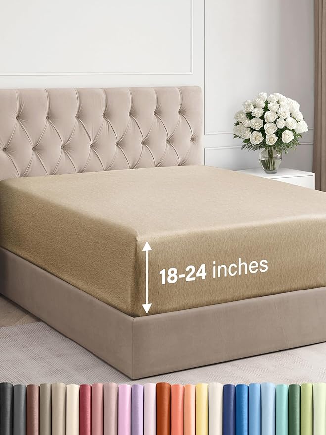 Extra Deep King Fitted Sheet - Hotel Luxury Single Fitted Sheet Only - Easily Fits 18 inch to 24 inch Mattress - Ultra Soft, Wrinkle Free with Extra Deep Pockets - Breathable & Comfy - Heathered Tan