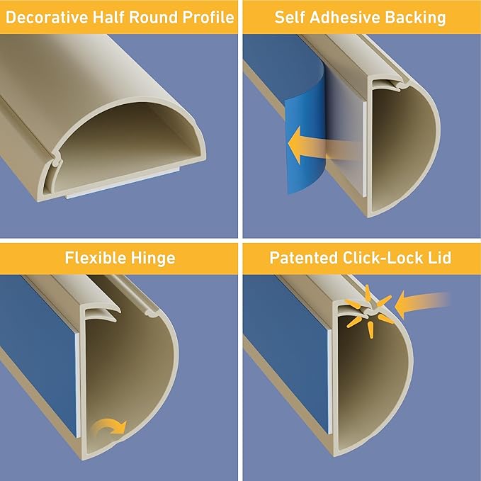 D-Line 15.7in TV Cord Hider, Patented Half Round Cable Cover, Hide Wall Mount TV Wires, Hinged One-Piece Cable Concealer, Adhesive, Decorative Raceway - 1.18in W x 0.59in H x 15.7in L - Beige