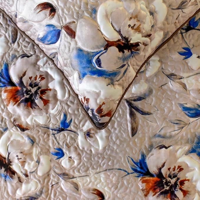 The HomeCentric King/Queen/Twin Ivory Luxury Twin 53"x18" Bed Runner with Two Pillow Cover, Floral, Quilted Bed Scarf on Satin Fabric - Floral Harmony