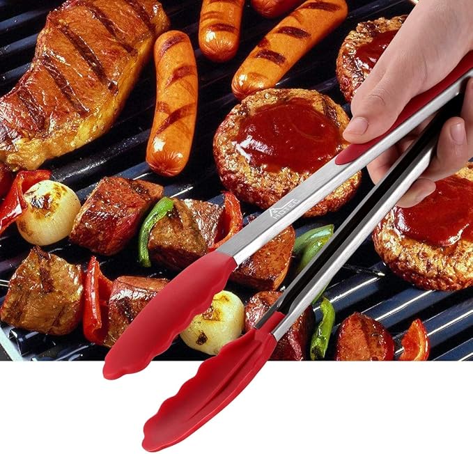 Hotec Premium Stainless Steel Locking Kitchen Tongs with Silicon Tips, Set of 3-7", 9" and 12" multicolor