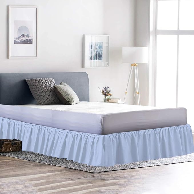 Ruffled Bed Skirt (King, Light Blue Color) 12 Inch Drop Dust Ruffle with Platform, 100% Cotton 800 Thread Count Fabric - Dust Ruffle Bedskirt for Easy Fitting and Easy Care