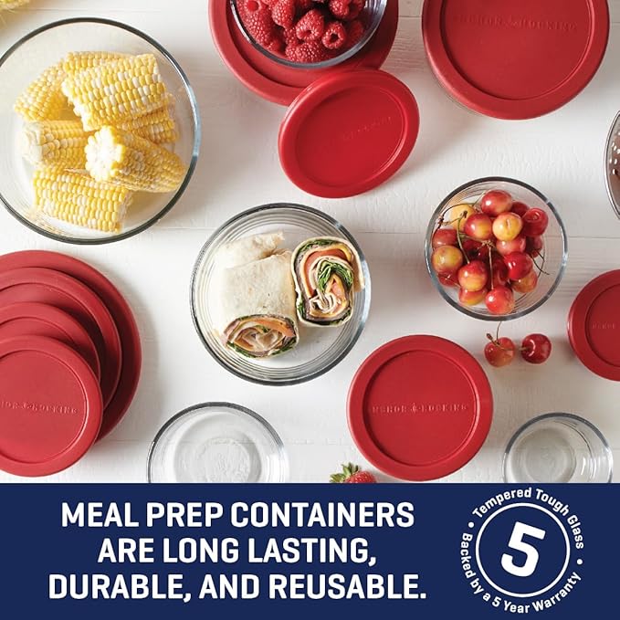 Anchor Hocking 18 Piece Glass Storage Containers with Lids (9 Glass Food Storage Containers & 9 Red SnugFit Lids)