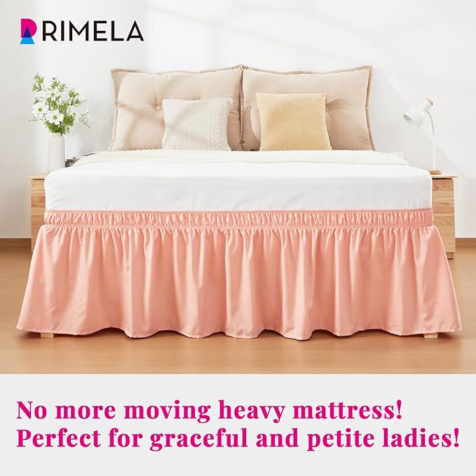 RIMELA Peachy Coral Bed Skirt Queen Size 15 Inch Drop, Elastic Bed Skirting for Bed Base and Frame, Bedding Dust Ruffle Easy to Install, Wrap Around Adjustable Bedskirt