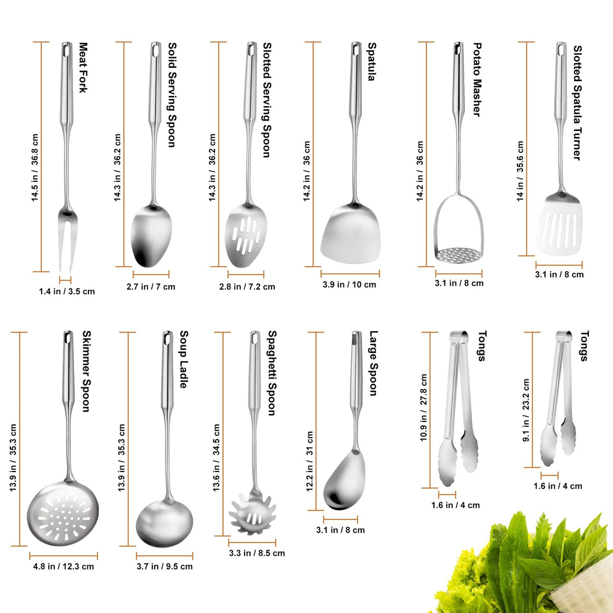 304 Stainless Steel Cooking Utensils Set, 12 Pcs Long Stainless Steel Kitchen Utensils Set, Metal Cooking Utensils Set with Potato Masher, Spoon, Ladle, Skimmer, Pasta Server etc(Dishwasher Safe)
