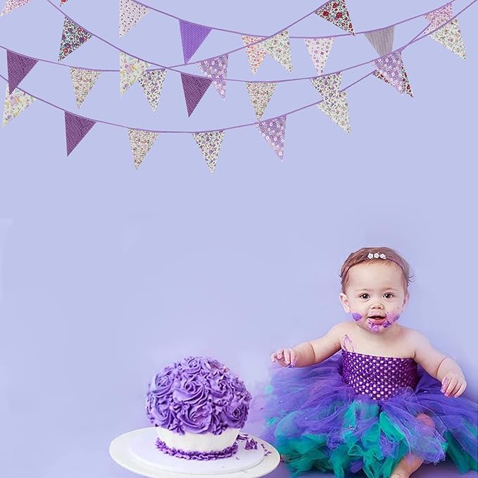 Zwiebeco 39Ft Purple Floral Fabric Bunting Banner Triangle Flag Party Decorations Hanging Cotton Rustic Vintage Flowers Garland Pennant for Wedding Birthday Tea Nursery Home Outdoor Garden Supplies