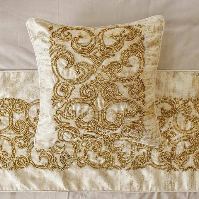 The HomeCentric King/Queen/Twin Gold Designer Queen 74"x18" Bed Runner with Pillow Cover, Foil & Hand Beaded Embroidery Bed Scarf on Jacquard Fabric - Ornamento Oro