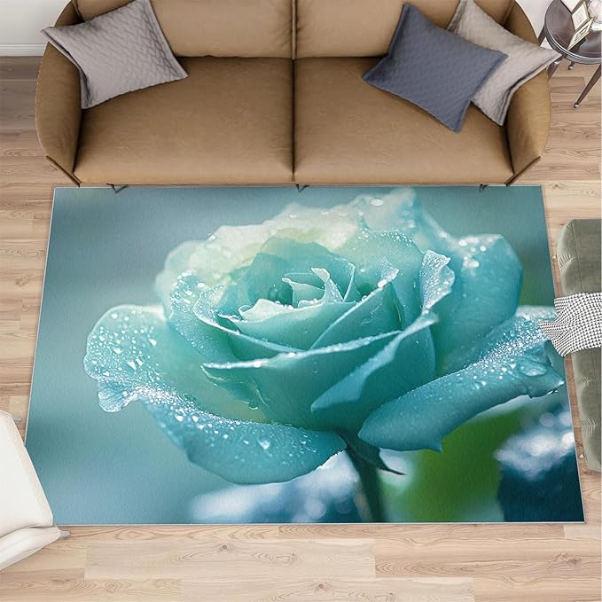 3x5 Blue-Rose Dorm Rug - Realistic Florals Small Rugs for Bedroom, Flowers Area Rug Washable Non Slip for Bedroom Kitchen Living Room Entryway