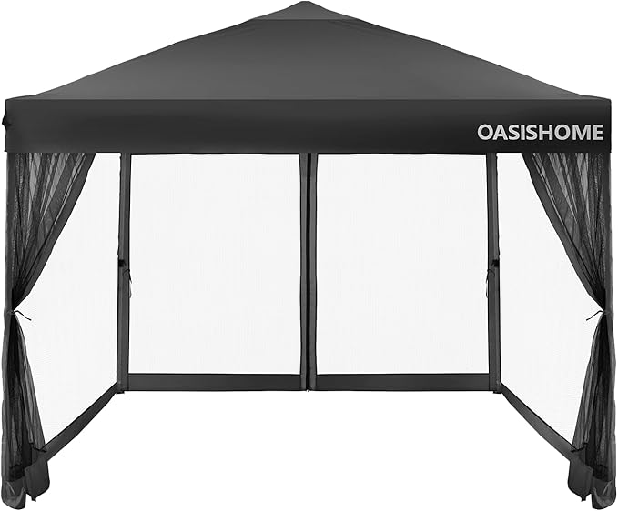 OASISHOME 10'x10' Pop-Up Gazebo Canopy Tent with Netting Sidewall & Wheeled Bag,Weight Bag, Stakes, Ropes, Waterproof, UV Protection, Heavy-Duty Steel Frame for Backyard/Outdoor/Parties (Black,10x10)