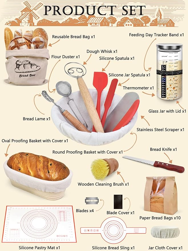 Sourdough Bread Baking Kit - Breads Making Tools - Complete Sourdough Starter Kit with Proofing Baskets, Jar, Dough Whisk, Pastry Mat, Bread Knife & Tools - Gifts for Bakers Women & Moms