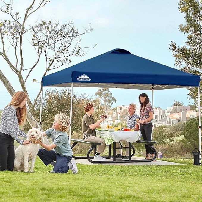 EAGLE PEAK Pop Up Canopy Tent with Wheeled Carry Bag, 8 Stakes, 4 Ropes, 4 Weight Bags, Easy Set Up Tent Canopy, 10x10 ft, 100sqft of Shade, Dark Blue