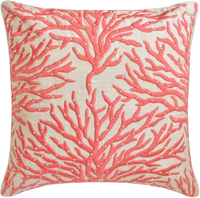 The HomeCentric King/Queen/Twin Coral, Peach & Pink Designer Twin 53"x18" Bed Runner Without Pillow Cover, Coral, Pearl Embroidery, Under The Sea & Beach Theme on Linen Fabric - Coraline Pearls