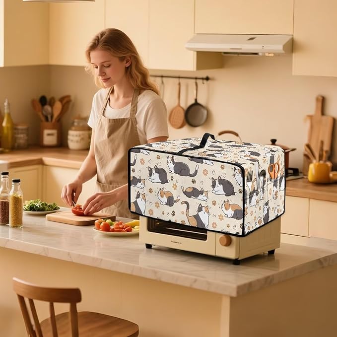 Cute Cats Paw Floral Print Microwave Oven Cover Waterproof Dust-Proof Microwave Oven Cloth Cover Polyester-Linen Fabric Small Appliance Dust Cover Case Protections Protector, L