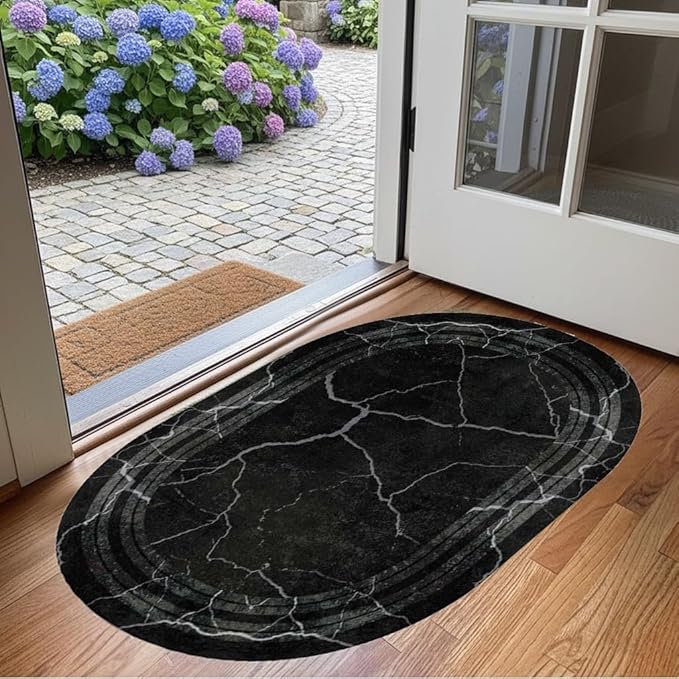 Black Grey Striped Texture Bordered Rugs 5x8 Modern Minimalist Indoor Large Area Rug for Living Room Bedroom Dining Room Soft Faux Wool Non Slip Floor Mats Entrance Bathroom Home Office Oval Carpet
