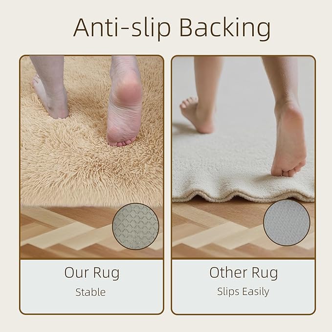 8x10 Solid Fluffy Camel Area Rug – Washable, Durable, Extra Large Living Room Rug, Non-Slip High Pile Shag Rugs for Bedroom, Playroom, Nursery Rooms, Kids Room, Soft Indoor Floor Carpet Decor