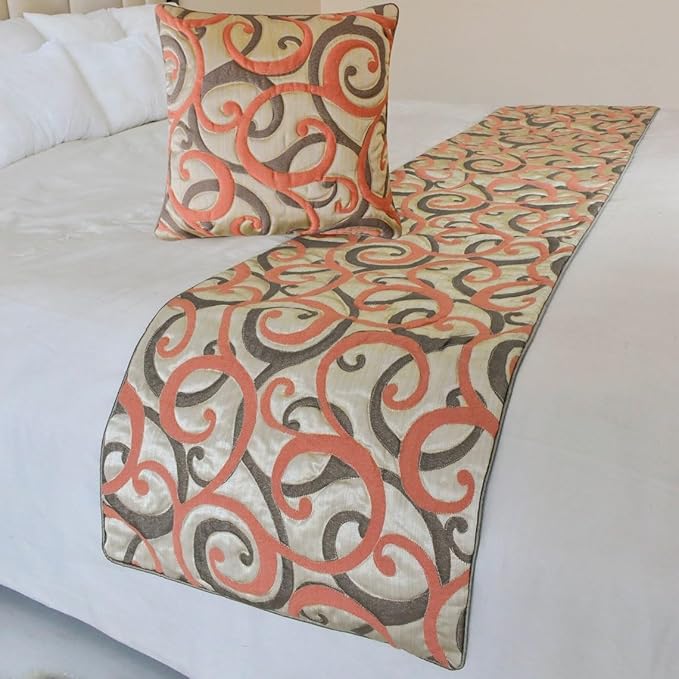 The HomeCentric King/Queen/Twin Orange Luxury Full 68"x18" Bed Runner with One Pillow Cover, Scroll, Jacquard & Quilted Bed Scarf on Jacquard Fabric - Scroll Cascade