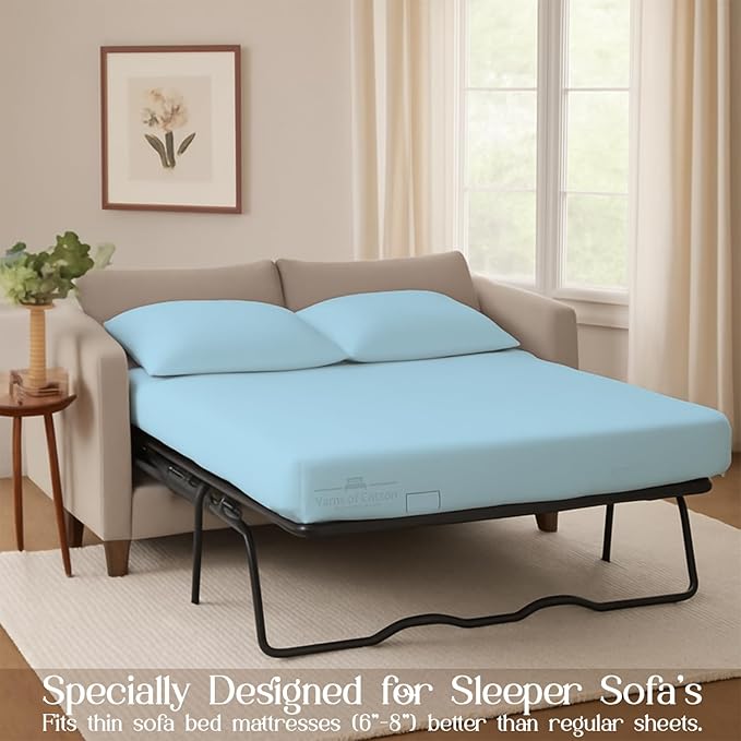 Sleeper Sofa 4 Piece Bed Sheet Set Premium Quality 100% Cotton 500 Thread Count, Smooth & Super Soft Sateen Weave, Extra Soft Bed Sheets, Wrinkle Free, 8 Inch Deep Pocket (Full, Light Blue)