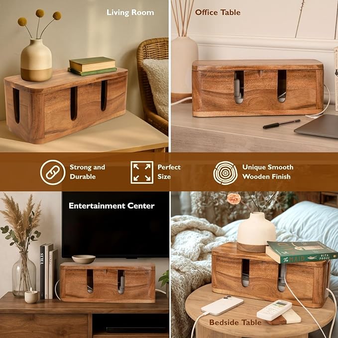 Cable Management Box & Cord Organizer- Cable Organizer for Desk, Home, Office. Hides Wires, Surge Protectors, Power Strips. Eco Friendly Mango Wood Cord Management Solution (Natural Acacia)