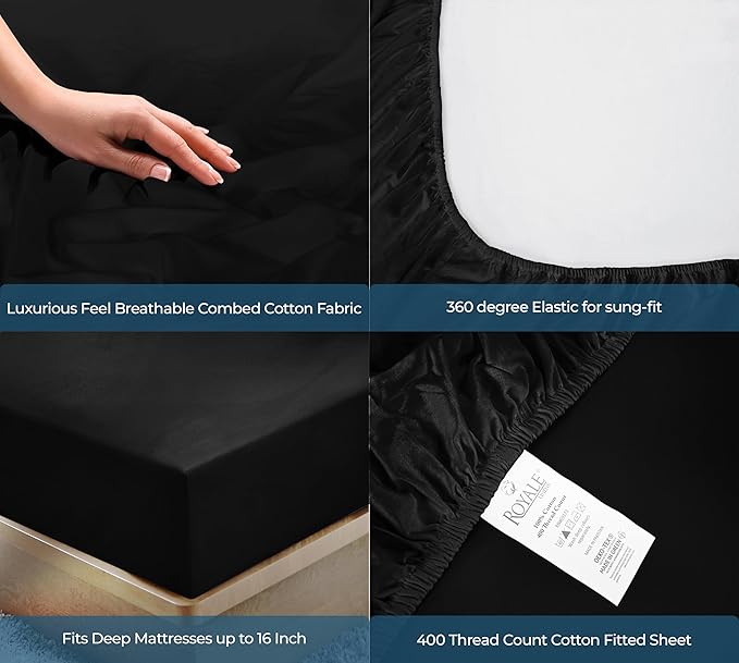 Royale Linens 400 Thread Count 100% American Grown Cotton Fitted Sheet Queen Size - All Around Elastic Fitted Sheet - Luxury Sateen Weave - Snug Fit Bottom Sheets Fit Up to 16" (Queen,Night Black)