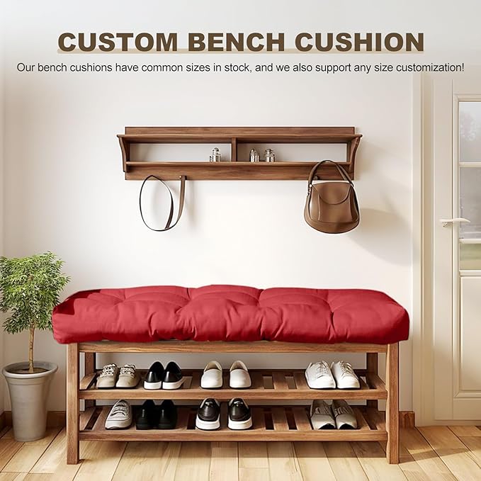 Bench Cushion 27 inches,Indoor/Outdoor Non-Slip Tufted Cushions, Premium Waterproof Linen, Soft Piano Sofa Cushions, High-Density Memory Foam(Dark Red-27x12x4in)