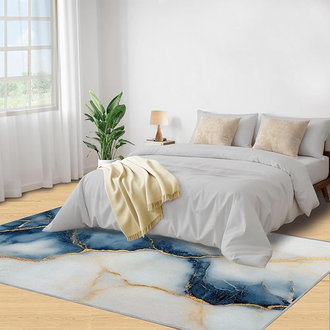 2x4 Abstract Marble Runner Rug for Hallway - Blue-White-Marble Kitchen Mat, Luxury Stone Pattern Kitchen Runner Rug Soft Non Slip Anti Fatigue for Laundry Room Indoor Hallways