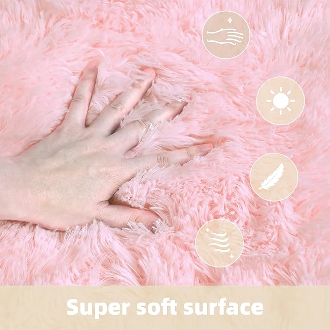 6x9 Solid Fluffy Pink Area Rug – Washable, Durable, Large Bedroom Rug, Non-Slip High Pile Shag Rugs for Living Room, Kids Room, Sofa Coffee Table, Nursery Rooms, Soft Indoor Floor Carpet