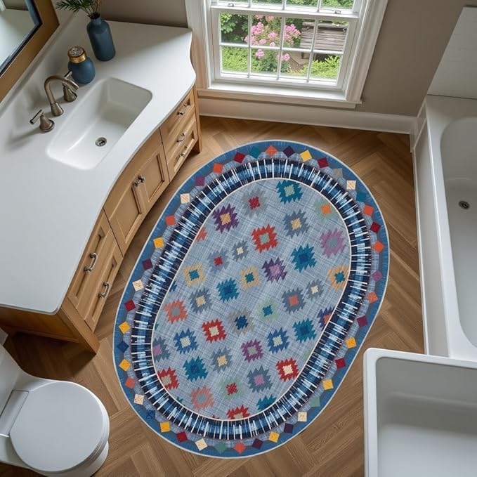 Funky Vintage Blue Red Orange Geometric Texture Indoor Area Rug for Living Room Bedroo Dining Room Faux Wool Soft Low Pile Oval Rugs 12x14 Entrance Nursery Farmhouse Rustic Country Home Office Carpet