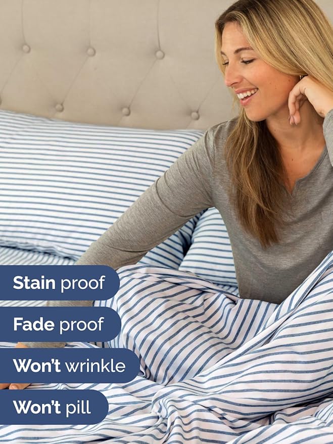 Extra Deep King Sheet Set - 6 Piece Breathable and Cooling Sheets - Hotel Luxury Bed Sheets Set - Easy Fit - Soft, Wrinkle Free and Comfy Sheets Set - Blue Striped Sheet Set with Extra Deep Pockets