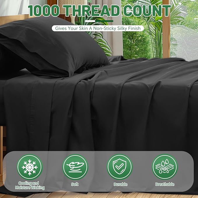 100% Egyptian Cotton Sheets Cal King Sheet Set 1000 Thread Count Sateen Weave Soft Breathable 16-Inch Deep Pocket 4PCS（California King,Black）