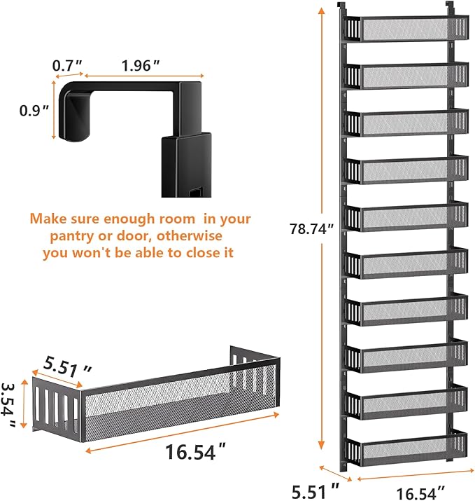 10-tier Over The Door Pantry Organizer with Mesh Baskets, Adjustable & Stable Hanging Spice Rack for Kitchen, Bathroom, Bedroom, and Baby Essentials Storage (16" W 10-Tiers, Black)