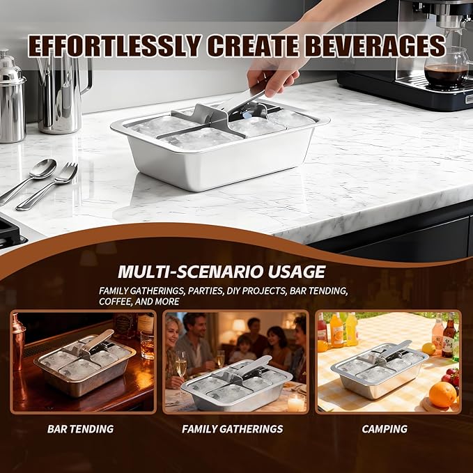 YeQIENGC Stainless Steel Ice Cube Trays with Lever - 6 Large Cube Mold for Whiskey & Cocktails, Professional Heavy Duty Metal Freezer Tray, Non-Toxic & Easy Release for Kitchen & Bar Use