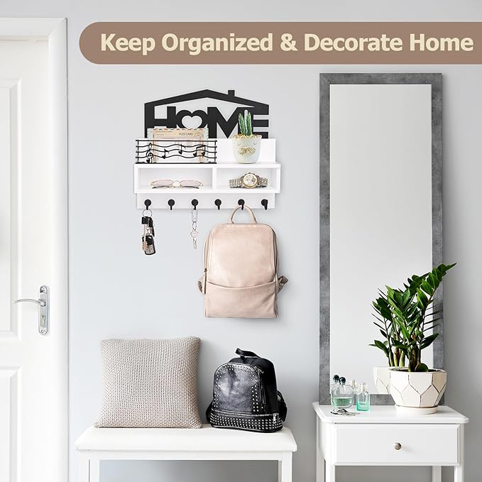 VIS'V Key Holder Wall Mount, Decorative Wooden Mail and Key Organizer with Storage Basket and Shelf, 2 Compartments, 6 Hooks, White