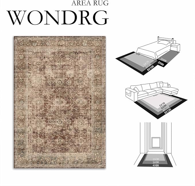 8x10 Washable Area Rug for Living Room Bedroom Rust Vintage Distressed Rustic Large Carpet Non-Slip Low Pile Lightweight Vacuumable Soft Throw Rug for Indoor Dining Room