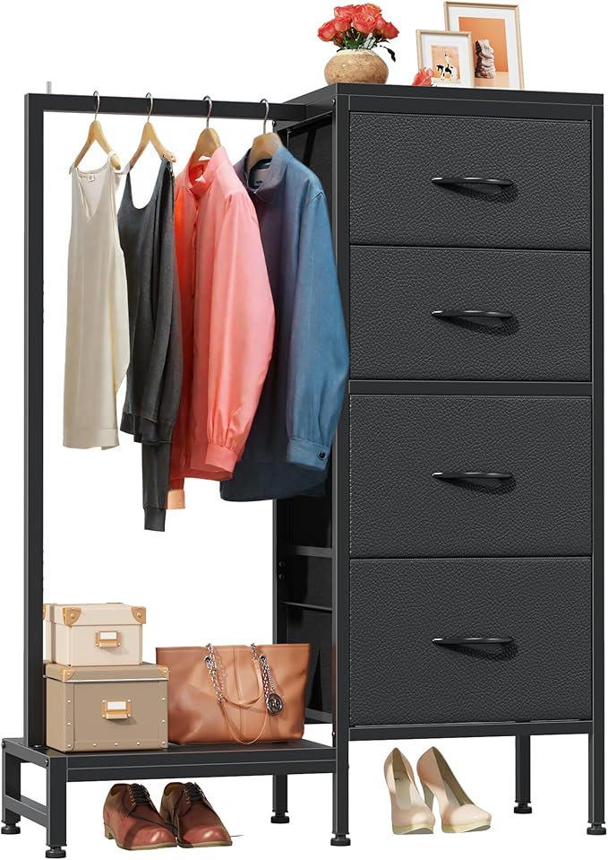 HIGDBFE Dresser with Hanging Rack, 4 Drawers Small Closet for Bedroom, Reversible Fabric Kids Chest of Drawers with Clothes Rack, Tall Storage Tower, Sturdy Frame, Black, 44''H