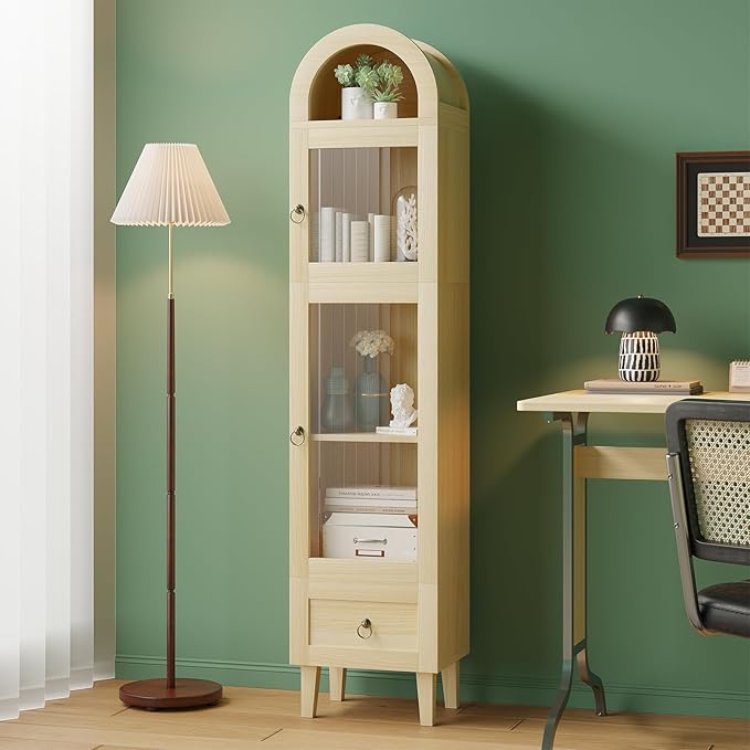 71" Tall Arched Cabinet with Acrylic Door, Modern Curio Arched Bookcase W/Drawer