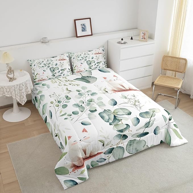Erosebridal Kawaii Cat Full Bedding Sets for Boys Girls Cartoon Animal Comforter Set, Eucalyptus Leaves Bedding Comforter Sets Pet Kitten Duvet Insert, Tropical Botanical Plants Down Comforter