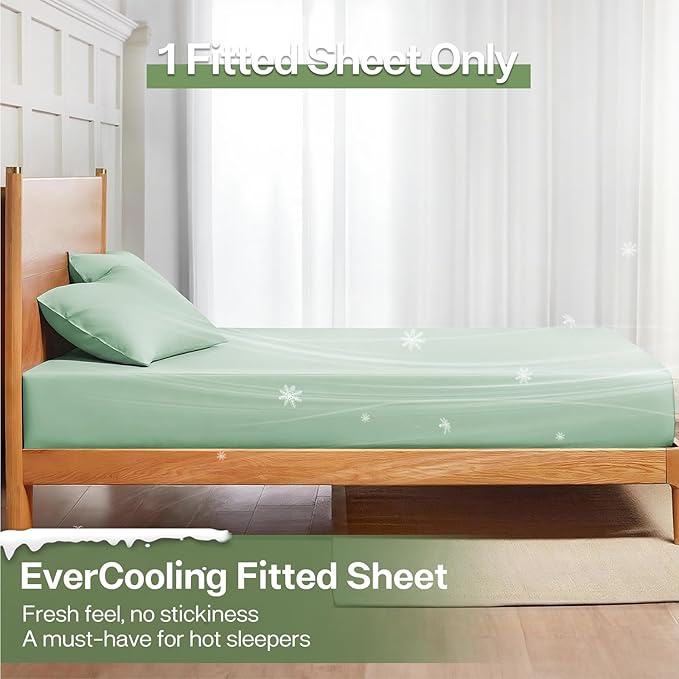 MR&HM Twin XL Fitted Sheet Only, Ultra-Soft Rayon Derived from Bamboo & Polyester Blend, Silky & Breathable, 15" Deep Pocket with Elastic Straps, Cooling Fitted Sheet for Hot Sleepers, Sage Green