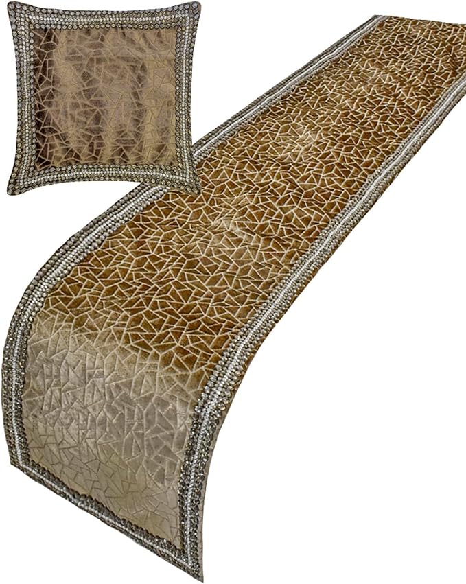 The HomeCentric King/Queen/Twin Brown Decorative Bed Runner King 90"x18" Bed Runner with Two Pillow Cover, Border, Crystal, Cut Velvet, Mosiac Pattern Bed Scarf on Velvet Fabric - Velvet Fusion