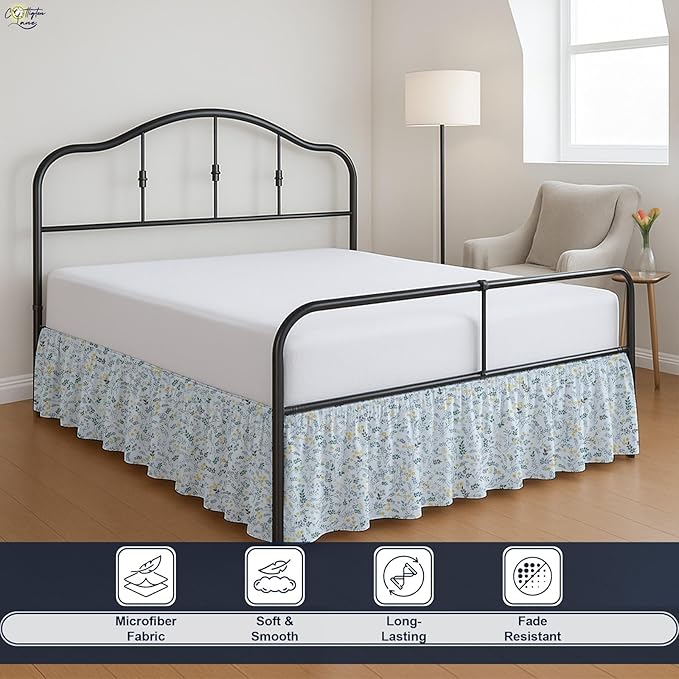 Cottington Lane Ruffled Bed Skirt King Size with Split Corner, Brushed Microfiber Hotel Quality Dust Ruffle, 18 Inch Drop Gathered Bedskirt, Soft, Stylish, Shrink & Fade Resistant, Garden Bloom