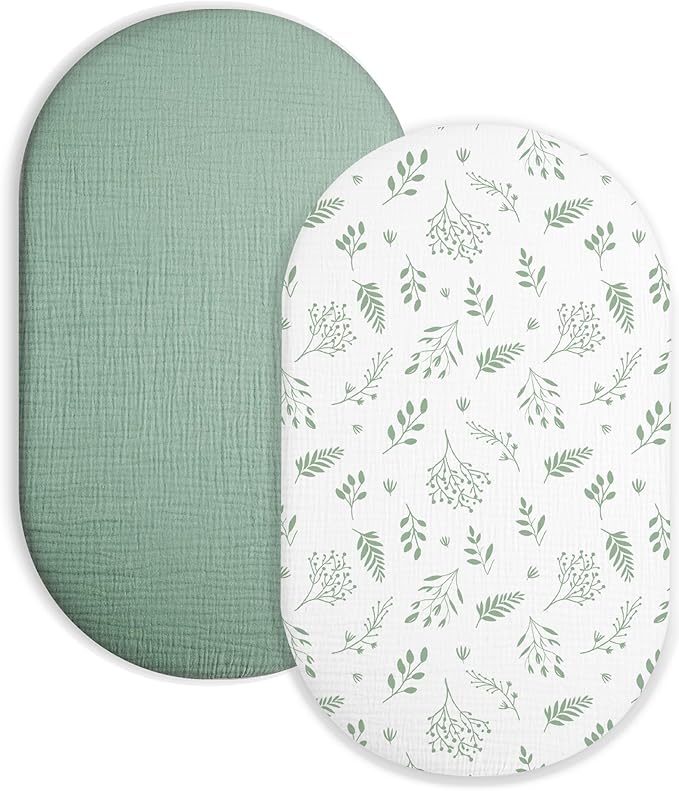 Bassinet Sheet for Baby Boy and Girl 2 Pack, Fitted Sheets for Rectangle, Oval, Hourglass Bassinet Mattress, Muslin Moses Basket Sheets with Neutral Style (Fern Leaf & Sage)