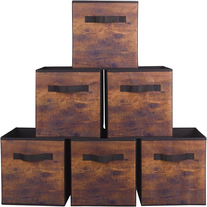 ShellKingdom Storage Bins, Foldable Fabric Storage Cubes And Cloth Storage Organizer Drawer For Closet And Toys Storage, 6 Pack (Retro Wood Pattern)