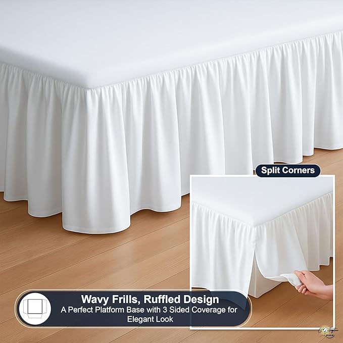 Cottington Lane Ruffled Bed Skirt Twin Size with Split Corner, Brushed Microfiber Hotel Quality White Dust Ruffle, 24 Inch Drop Gathered Bedskirt, Soft and Stylish, Shrinkage and Fade Resistant